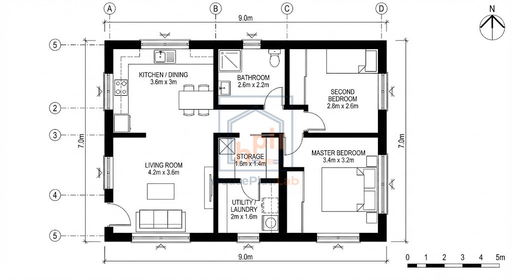 Cleverly Designed Tiny House 2 Bedrooms 2D Floor Plan
