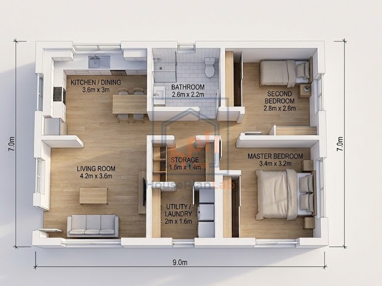 Cleverly Designed Tiny House 2 Bedrooms 3D Floor Plan