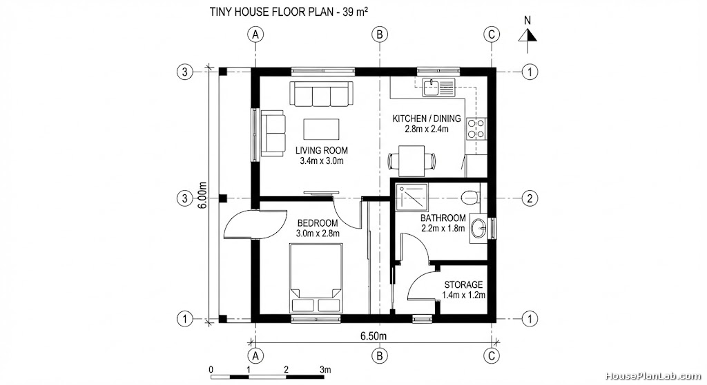 Technical 2D architectural floor plan with dimensions for the 6.5m x 6m tiny house.