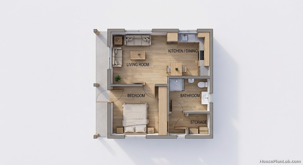 Top-down 3D floor plan visualization showing furniture placement within the 39m² layout.
