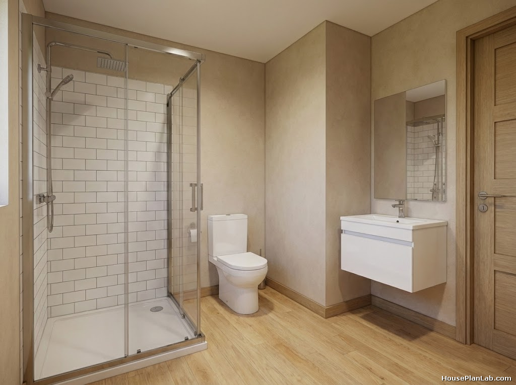Modern tiny house bathroom with a glass corner shower, white subway tiles, toilet, and floating vanity sink.