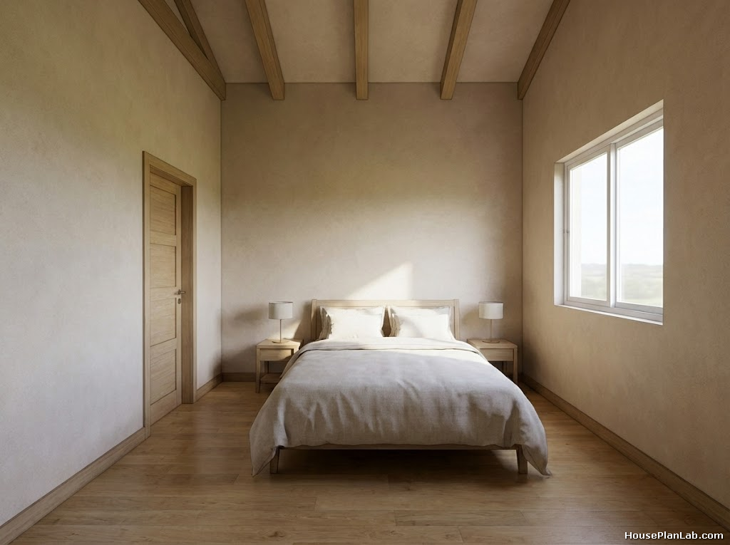 Interior view of the serene bedroom with a double bed, side tables, and a window.