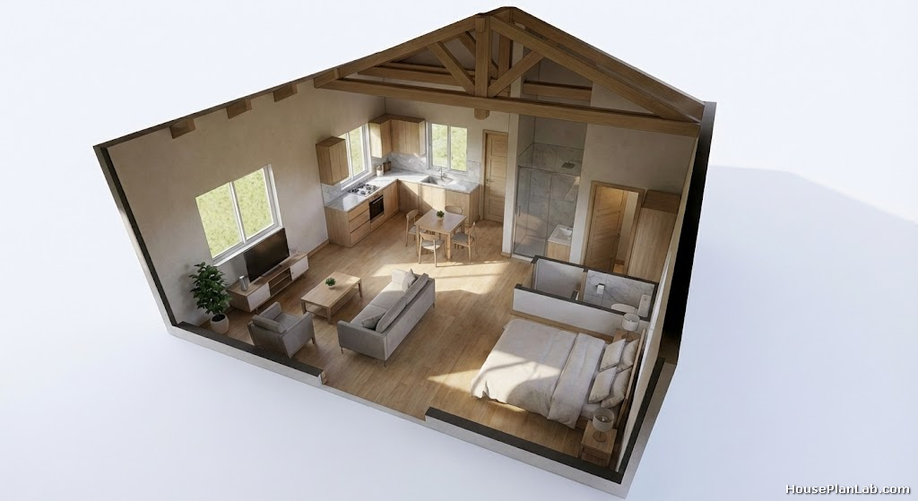 3D architectural cutaway view of the tiny house revealing the internal layout of all rooms.