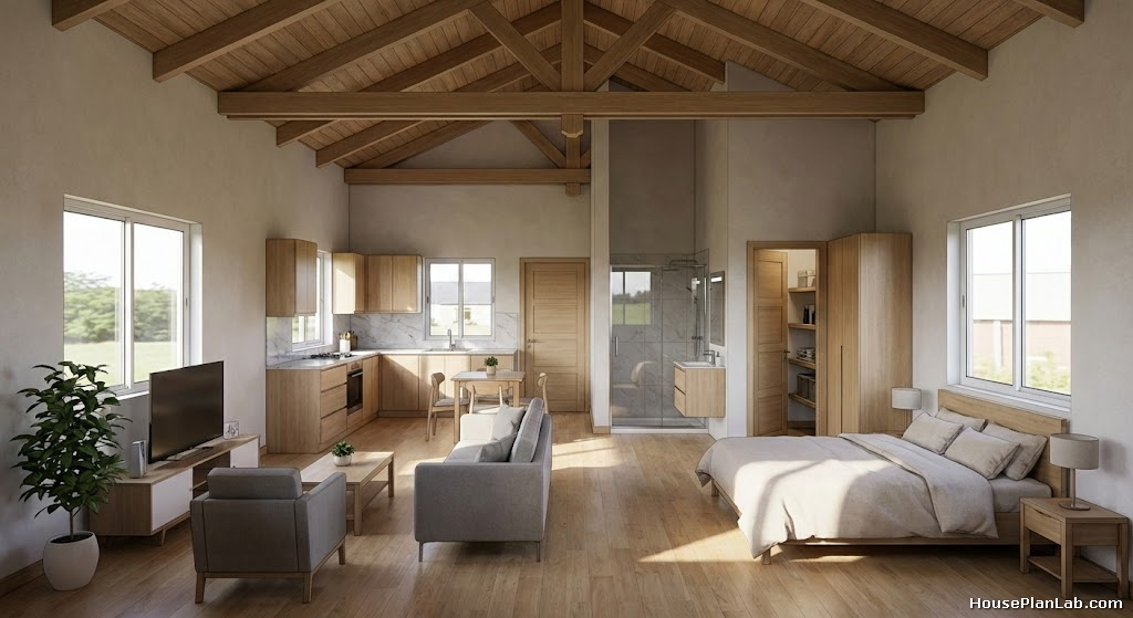 Wide-angle interior view of the tiny house showing high ceilings with exposed beams, living room, and kitchen area.