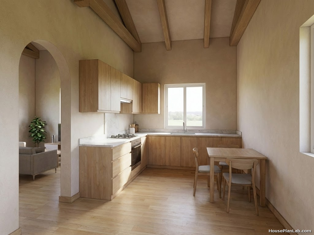 View of the L-shaped kitchenette with light wood cabinets and a small adjacent dining table with two chairs.