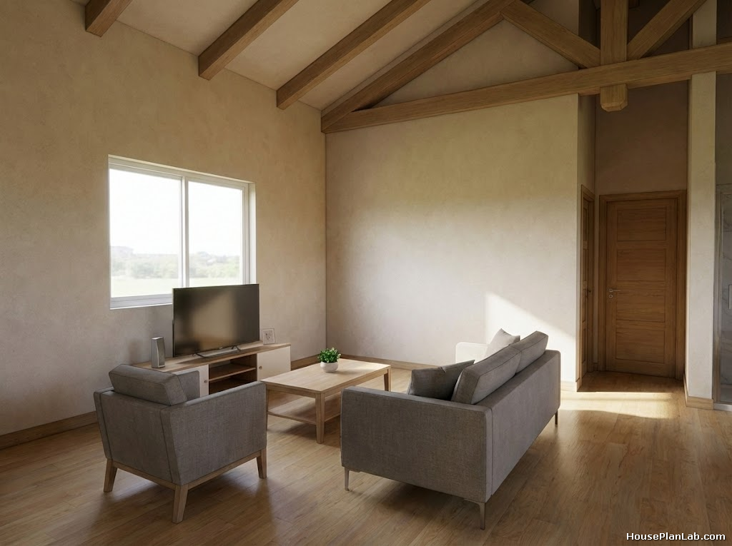 Eye-level view of the minimalist living room featuring a grey sofa, wooden coffee table, and TV console.