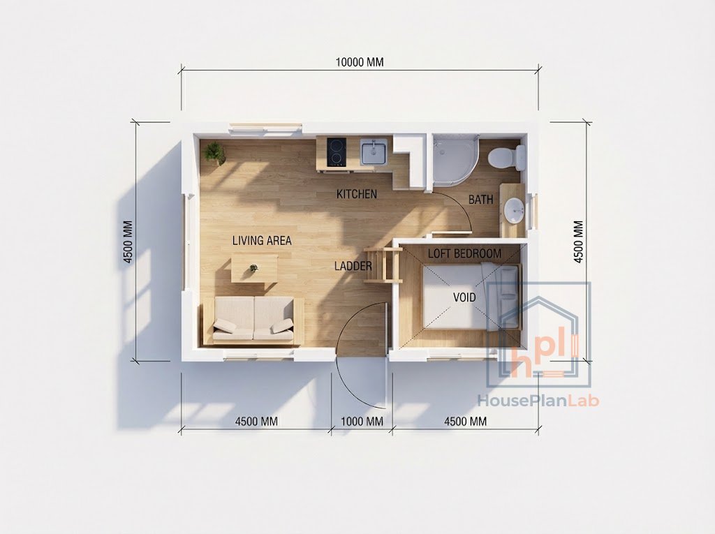 Top-down 3D floor plan visualization showing the furniture layout of the living area, kitchen, bathroom, and the loft bed above.
