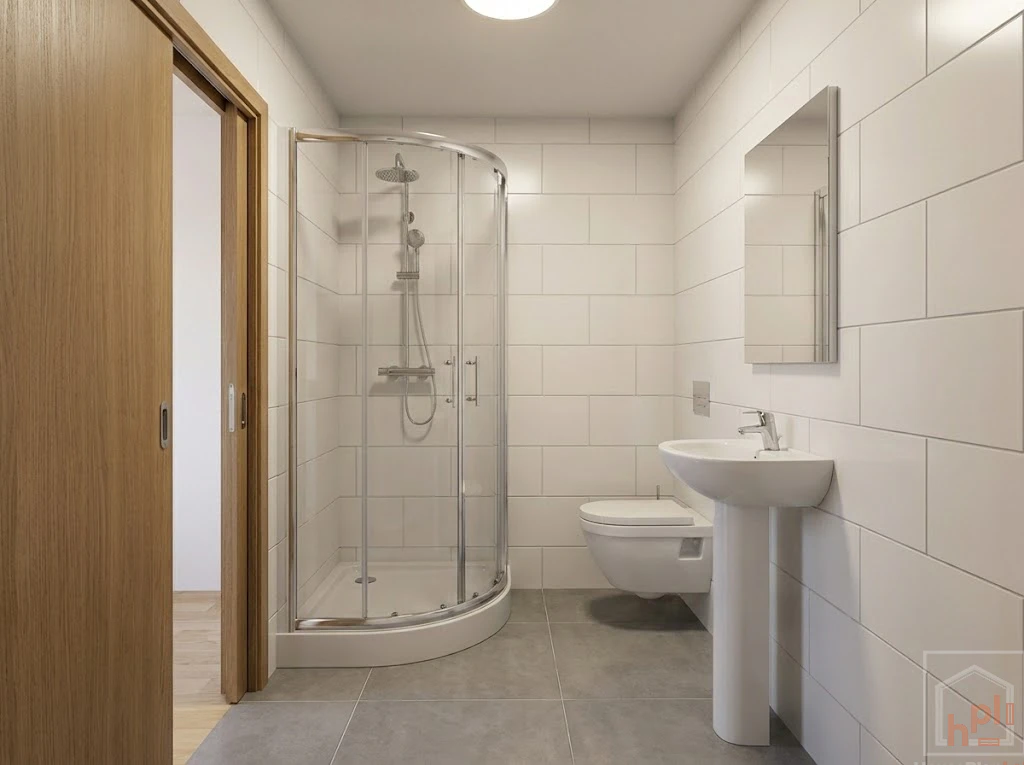 Interior view of the small, modern bathroom featuring white subway tiles, a corner shower enclosure, and a pedestal sink.