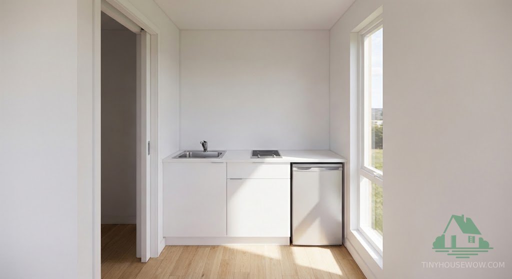 Photorealistic interior render of the compact kitchenette with white cabinets, sink, and window.